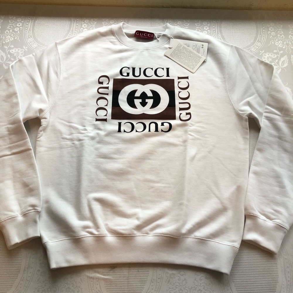 Gucci Logo GG Men’s Size S Felted Cotton Jersey White/Brown Sweatshirt Pullover